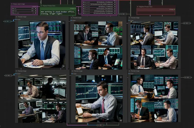 man working in stock broker office, evening, bright lights