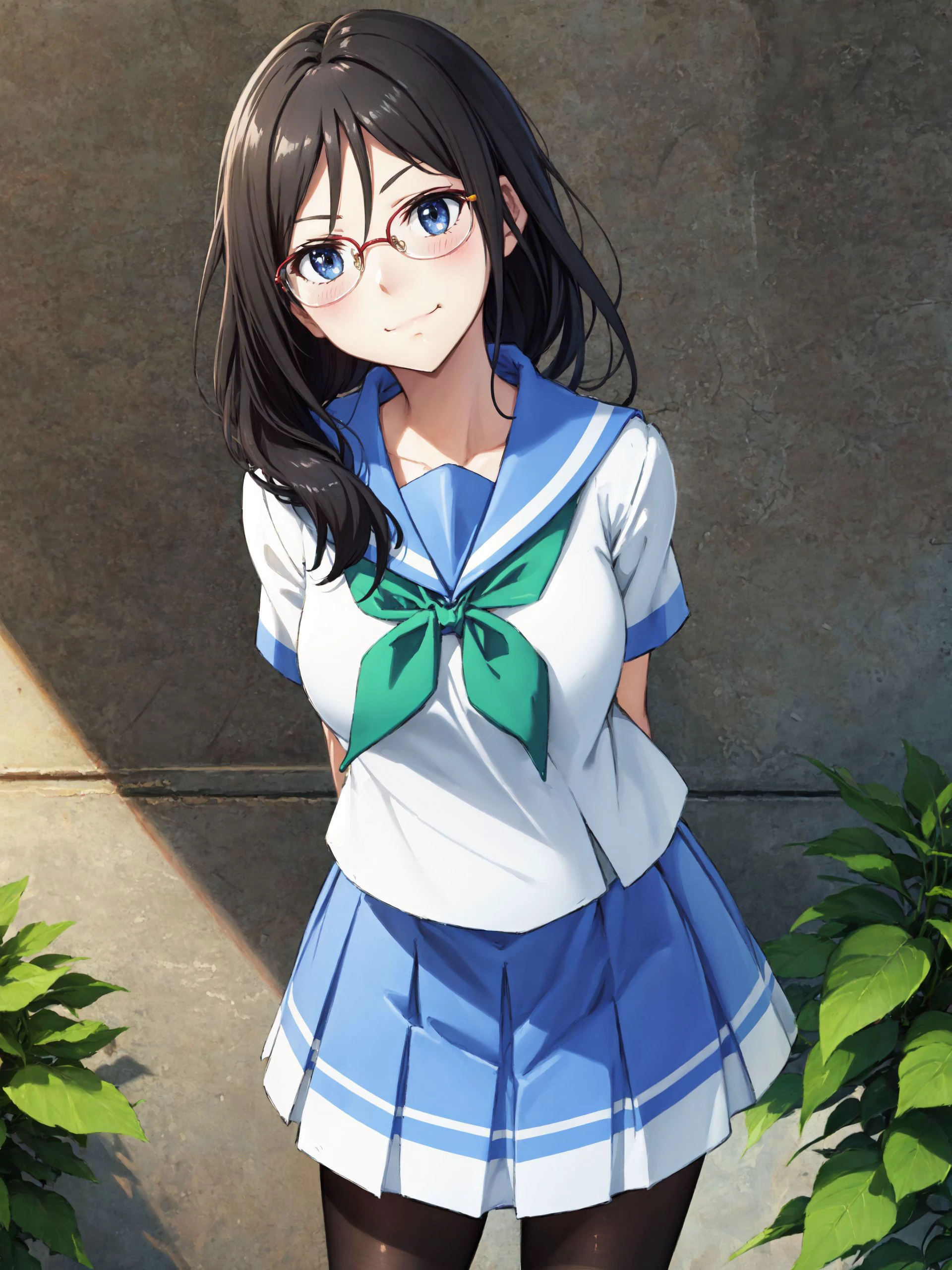 BREAK
(absurdres:1.1, highres:1.1, ultra detailed:1.1),
(high resolution:1.1, ray tracing:1.1, refraction:1.1), (dynamic angle:1.1),
BREAK
(1girl:1.1), (solo:1.3),
BREAK
<lora:tanaka_asuka:0.8>,glasses,
bbasuka,long hair,glasses,red-framed eyewear,kitauji high school uniform,serafuku,sailor collar,blue sailor collar,neckerchief,green neckerchief,shirt,short sleeves,skirt,blue skirt,pantyhose,black pantyhose,uwabaki
BREAK
(light smile:1.1),
(closed mouth:1.4),
BREAK
Authentic skin texture, Smooth skin,
BREAK
evening,
BREAK
cowboy shot,
BREAK
head tilt ,
looking away,
BREAK
(standing, arms behind back, leaning forward, open mouth:1.1),
BREAK
class room,
BREAK
<lora:flatBG:-0.4>,
<lora:GoodHands-vanilla:1>,
nice hands, perfect hands,
BREAK
wakame