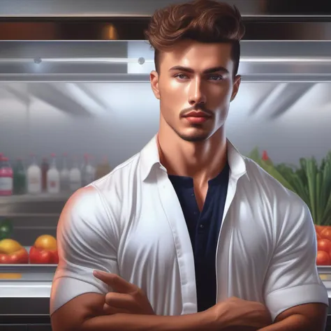 (masterpiece, Highest quality:1.2), alone, Men's Center, One person, Purple float, smile, View your viewers, Mole on neck, Jacket, Foodie, Food ,Huge muscles、Huge penis、Swollen nipples、A lot of fluid from the nipple、