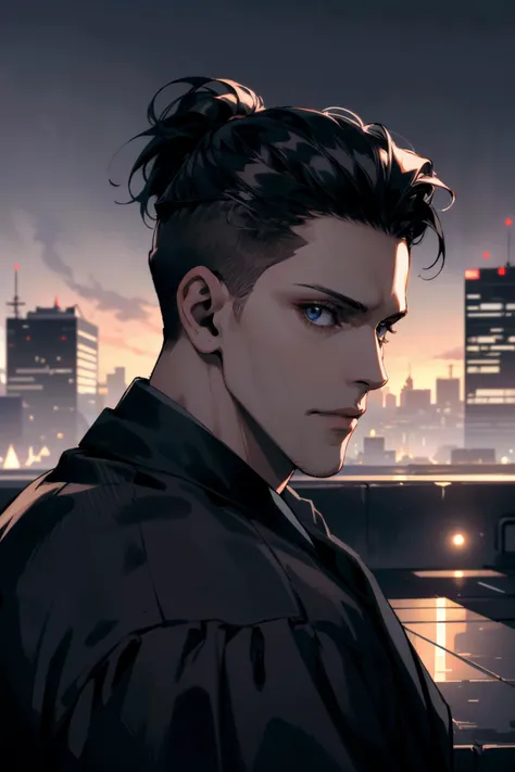 ((ultra detailed, masterpiece, absurdres))
 <lora:DBHKamski:0.8>
DBHKamski, 1boy, undercut, black hair, Urban rooftop setting, city skyline in the background, golden hour lighting