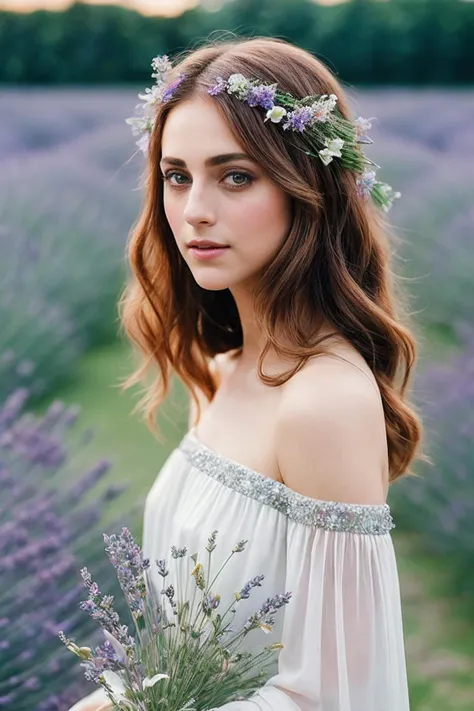 MiriamL_SoloTI_v1,
(In a flowing dress of soft lilac chiffon, adorned with delicate lace and adorned with sparkling crystals, for a dreamy and enchanting look), (Amidst a field of wildflowers in full bloom, where the gentle breeze carries the scent of lavender and the song of birds fills the air, a sense of purity and innocence surrounds the ethereal figure of Lilies:1.3), (seductive:1.3),(analog, cinematic, film grain, hazy atmosphere, cinematic shot:1.3),
 <lora:add_detail:0.6>,<lora:LowRa:0>, PA7_Portrait-MCU,
