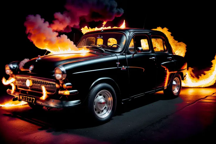 ((black GAZ21 with airbrush tongues of flame)), NEED FOR SPEED, NFS ,((STANCE)), (night), sandstorm, photorealistic, shot by Sony a7iii <lora:GAZ21:1>