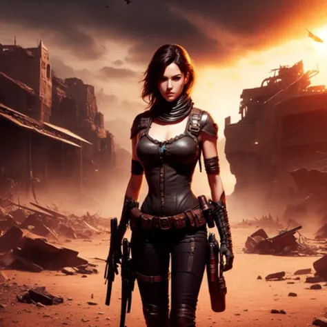 an attractive woman [gunslinger:bounty hunter:0.4] standing in a apocalyptic wilderness (gamestation style:1) <lora:djzGameStation_LB2:0.8>