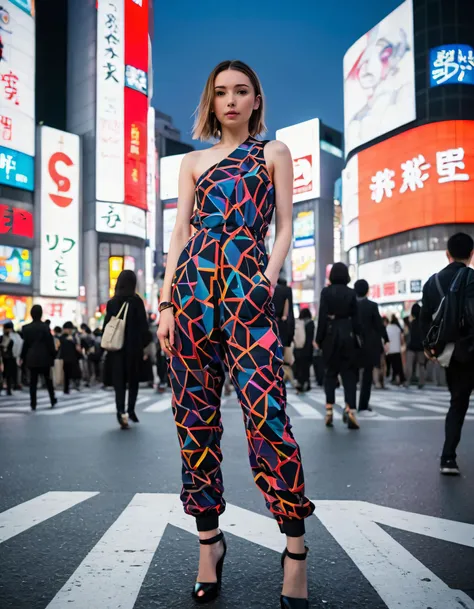 Erika, an avant-garde fashionista, stands out in her daringly asymmetrical jumpsuit boasting geometric patterns and contrasting colors, as she effortlessly embodies modern rebellion against traditional norms while maintaining a cool composure amidst the chaotic bustle of Tokyo's Shibuya Crossing, where neon lights flicker like stars against the rapidly moving tapestry of humanity. <lora:hrlhpp18f20d4894ew6:1>
