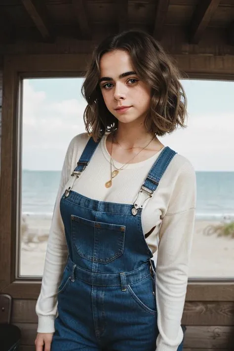 photo of ( maievska), a beautiful woman, perfect hair, (smiling look), (modern photo, Rhodamine Red overalls), 24mm, (analog, cinematic, film grain:1.3), (A cozy, rustic beachfront cabin with a view of a serene bay:1.2), detailed eyes, (seductive pose), (epicPhoto), (looking at viewer), jewelry, (cinematic shot:1.3), PA7_Portrait-MCU
