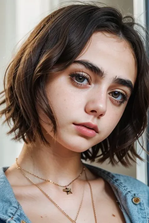 close-up photo of maievska, detailed face, facing straight towards camera , short pixie hair