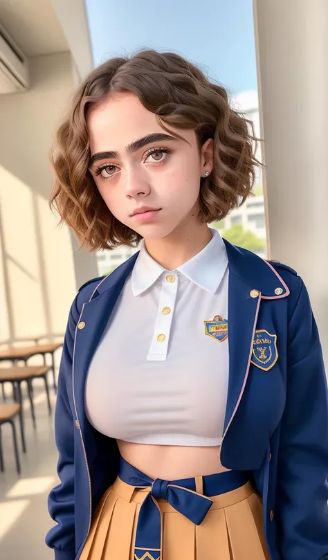 photo of maievska-600, short haircut, (school uniform:1.2), detailed face, detailed body, intricate details, ( in the school:1.1), High Detail, Sharp focus, (detailed pupils:1.3)