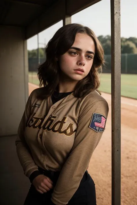 photograph of a female softball player maievska,(serious facial expression:1.1),textured skin,goosebumps,(brown hair:1.2),softball uniform,distressed uniform,long sleeves,(golden hour,chiaroscuro:1.1),cowboy shot,in the dugout looking at the field,perfect eyes,Porta 160 color,shot on ARRI ALEXA 65,bokeh,sharp focus on subject,shot by Don McCullin,