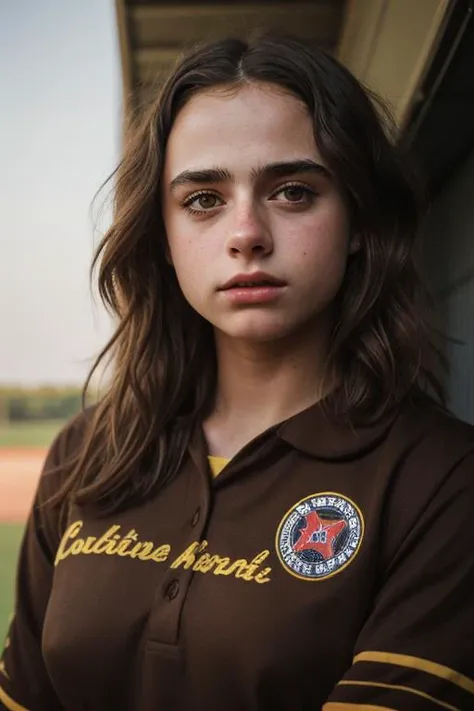 photograph of a female softball player maievska,(serious facial expression:1.1),textured skin,goosebumps,(brown hair:1.2),softball uniform,distressed uniform,long sleeves,(golden hour,chiaroscuro:1.1),cowboy shot,in the dugout looking at the field,perfect eyes,Porta 160 color,shot on ARRI ALEXA 65,bokeh,sharp focus on subject,shot by Don McCullin,