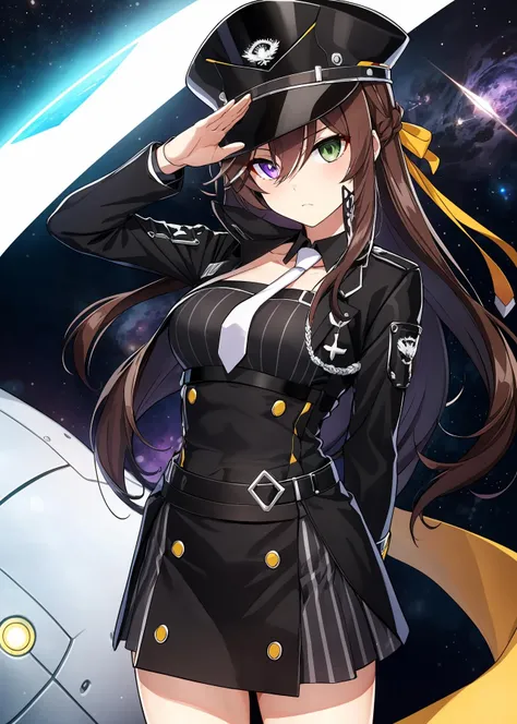 karin_wong, counter:side, 1girl, solo, long hair, green eyes, purple eyes, [braid], hair between eyes, brown hair, hair ribbon, yellow ribbom, furrowed brow, 
looking at viewer, facing viewer, straight-on, head tilt, 
gloves, hat, necktie, black gloves, black headwear, heterochromia, peaked cap, (white necktie), black shirt, black skirt, standing, (arms behind back),
space, (salute), 
 <lora:karin_darksushi-000004:0.6>