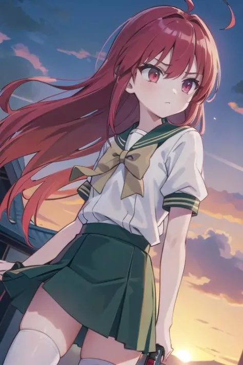 masterpiece, best quality,ultra detail,<lora:GoodHands-vanilla:0.7>,petite,girl,,bbsyana,red_hair,long_hair,red_eyes,ahoge,hair_between_eyes,,syanauniform,school_uniform,thighhighs,white_shirt,short_sleeves,skirt,green_skirt, <lora:syana:0.6>,standing,open stance,hold katana,strong wind,sunset,dutch angle