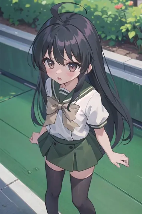 masterpiece, best quality,ultra detail,<lora:GoodHands-vanilla:0.7>,petite,girl,aasyana,black_hair,long_hair,brown_eyes,ahoge,syanauniform,school_uniform,thighhighs,white_shirt,short_sleeves,skirt,green_skirt, <lora:syana:0.7>from above,blush,open mouth