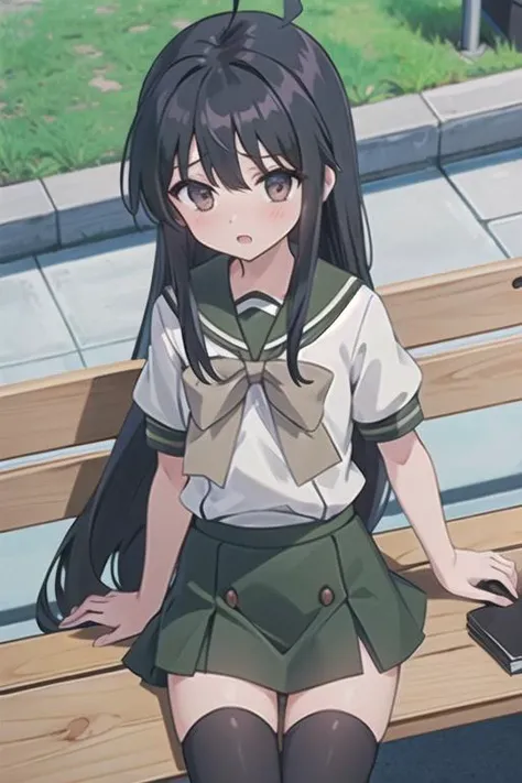 masterpiece, best quality,ultra detail,<lora:GoodHands-vanilla:0.7>,petite,girl,aasyana,black_hair,long_hair,brown_eyes,ahoge,syanauniform,school_uniform,thighhighs,white_shirt,short_sleeves,skirt,green_skirt, <lora:syana:0.7>from above,blush,open mouth,school bench,melonpan