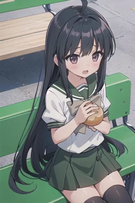 masterpiece, best quality,ultra detail,<lora:GoodHands-vanilla:0.7>,petite,girl,aasyana,black_hair,long_hair,brown_eyes,ahoge,syanauniform,school_uniform,thighhighs,white_shirt,short_sleeves,skirt,green_skirt, <lora:syana:0.7>from above,blush,open mouth,school bench,(holding round bread,sweet boules),eating,happy