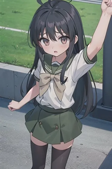 masterpiece, best quality,ultra detail,<lora:GoodHands-vanilla:0.7>,petite,girl,aasyana,black_hair,long_hair,brown_eyes,ahoge,syanauniform,school_uniform,thighhighs,white_shirt,short_sleeves,skirt,green_skirt, <lora:syana:0.7>from above,blush,open mouth
