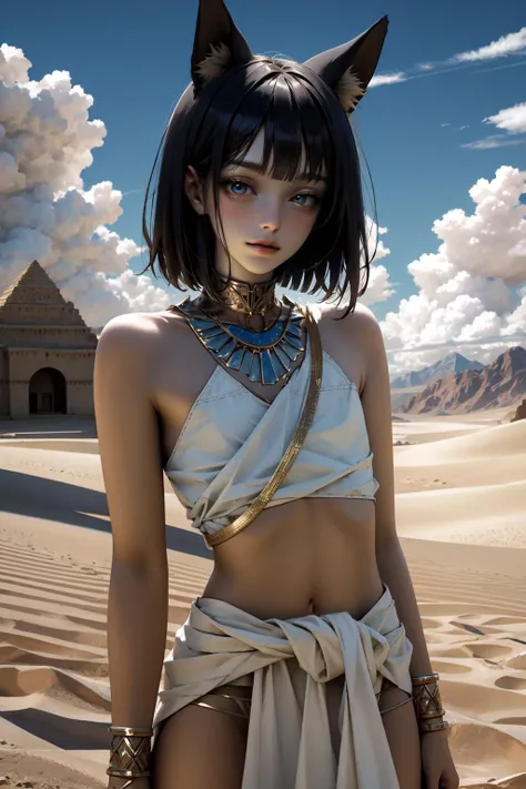 (1boy, otoko_no_ko:1.3), (solo:1.3), (light_blue_eyes, glowing_eyes:1.2), (black_hair:1.3), (short_hair, straight_hair, blunt_bangs:1.3), red_lips, (thick_lips:1.3), (white:1.3), (pale_skin:1.3), (light smile:1.1), (half-closed_eyes:1.2), BREAK
(standing:1.2), (narrow_waist:1.3), thick_thighs, wide_hips, (flat_chest:1.3), BREAK
(white tube_top:1.2), white crop_top, strapless, (white loincloth:1.2), (black fox_ears:1.1), egyptian_clothes, ornate, gold_trim, gold tiara, bracelet, gold_choker, shiny gold, divine, celestial, ankh, egyptian, BREAK
(outdoors, sky, clouds, day, desert:1.3), BREAK
SLE, mksks style, best quality, masterpiece, detailed background, highly detailed, intricate, detailed face, long eyelashes, detailed eyes, <lora:GoodHands-vanilla:1> <lyco:NijiJourney-LyCoris-V6:1> <lora:★saturation:-0.5> <lora:hadanuri1:1>