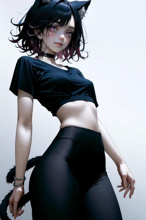 (one girl, 1girl), (solo:1.3), (black_hair:1.3), (short_hair, messy_hair:1.3), (gradient_hair, colored_tips, pink_hair:1.1), (pink_eyes:1.3), (choker:1.2), (thick lips:1.3), (cat_ears, cat_Tail:1.2), (light_smile:1.3), (smug:1.3), BREAK
(standing:1.3), (thick_thighs:1.1), (narrow_waist, small_breasts:1.3), (wide_hips:1.4), BREAK
(black_yoga_pants, black_leggings, black_crop_top, short_sleeves:1.2), BREAK
(white_background, simple_background:1.3), BREAK
SLE, mksks style, best quality, masterpiece, detailed background, highly detailed, intricate, detailed face, long eyelashes, detailed eyes, <lora:GoodHands-vanilla:1> <lyco:NijiJourney-LyCoris-V6:1> <lora:★saturation:-0.5> <lora:hadanuri1:1>