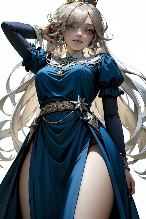 (one girl, 1girl:1.1), (solo:1.3), (princess_rosalina:1.3), light_blue_eyes, (blonde_hair:1.2), (long_hair, messy_hair:1.1), (hair_over_one_eye:1.3), (thick lips:1.3), (light smile:1.3), BREAK
(standing, from below:1.2), (thick thighs:1.0), (medium breasts:1.0), BREAK
(light blue dress:1.1), (silver_crown:1.2), BREAK
(white_background:1.3), BREAK
SLE, mksks style, best quality, masterpiece, detailed background, highly detailed, intricate, detailed face, long eyelashes, detailed eyes, <lora:GoodHands-vanilla:1> <lyco:NijiJourney-LyCoris-V6:1> <lora:★saturation:-0.5> <lora:hadanuri1:1>