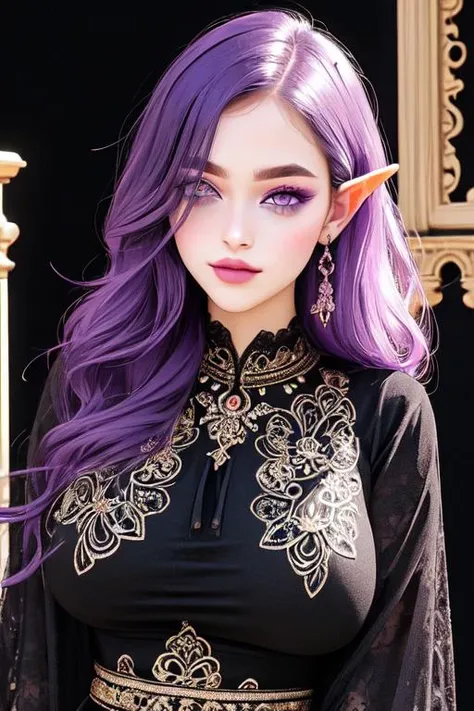 (one girl, 1girl:1.1), (solo:1.3), (purple_eyes:1.3), (glowing_eyes:1.2), (purple_hair, dark_hair, dark purple hair:1.3), (long_hair, straight_hair:1.3), (thick_lips:1.3), (elf, pointy_ears:1.2), (light smile:1.1), (half-closed_eyes:1.3), (mature, mature_female:1.3), (standing:1.3), (narrow_waist:1.3), thick_thighs, wide_hips, (huge_breasts:1.3), BREAK (black dress, ornate dress, ornate, ornate_clothes:1.2), BREAK (black_background:1.3), BREAK SLE, mksks style, best quality, masterpiece, detailed background, highly detailed, intricate, detailed face, long eyelashes, detailed eyes,
<lora:NijiJourney-LyCoris-V6:1>