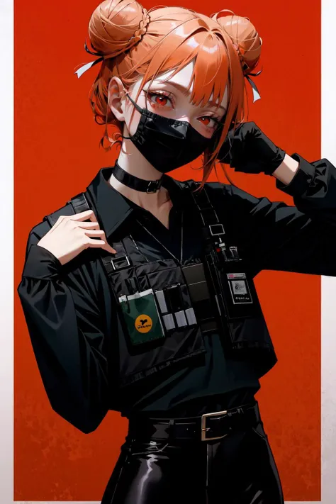 (one girl, 1girl:1.1), (solo:1.3), (red eyes:1.3), (light orange hair:1.2), (double bun:1.2), (choker:1.2), (bored, half-closed eyes:1.2), BREAK
(standing:1.1), (small breasts:1.1), BREAK
(black tactical clothes, black bulletproof vest, black vest, black gloves, black pants:1.2), (black shirt:1.3), (long sleeves:1.1), (black clothes:1.3), (black mouth mask:1.3), (black face mask), BREAK
(bright red background:1.3), BREAK
SLE, mksks style, best quality, masterpiece, detailed background, highly detailed, intricate, detailed face, long eyelashes, detailed eyes, <lora:GoodHands-vanilla:1> <lyco:NijiJourney-LyCoris-V6:1> <lora:★saturation:-0.5>