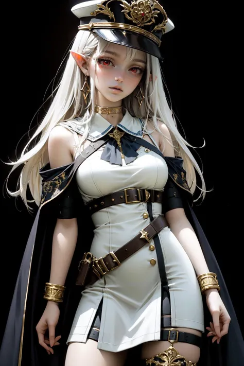 (one girl, 1girl:1.1), (solo:1.3), (red eyes:1.3), (white hair:1.2), (long hair, straight hair:1.1), (thick lips, white lips:1.3), (gold choker:1.1), (pointy ears:1.2), (pale skin:1.0), (bored:1.3), (half-closed_eyes:1.3), BREAK
(standing:1.2), (thick thighs:1.0), (large breasts:1.0), BREAK
(white dress:1.2), (ornate dress:1.2), (military uniform:1.1), (black cape, gold pauldrons, gold trim, gold earrings, military hat, black thigh boots:1.1), (leather straps:1.2), (gold chains, gold bracelet, gold arm strap, gold thigh strap:1.2), (leather belt:1.2), (gold buttons:1.1), (armband:1.3), BREAK
(black_background:1.3), BREAK
SLE, mksks style, best quality, masterpiece, detailed background, highly detailed, intricate, detailed face, long eyelashes, detailed eyes, <lora:GoodHands-vanilla:1> <lyco:NijiJourney-LyCoris-V6:1> <lora:★saturation:-0.5> <lora:hadanuri1:1>