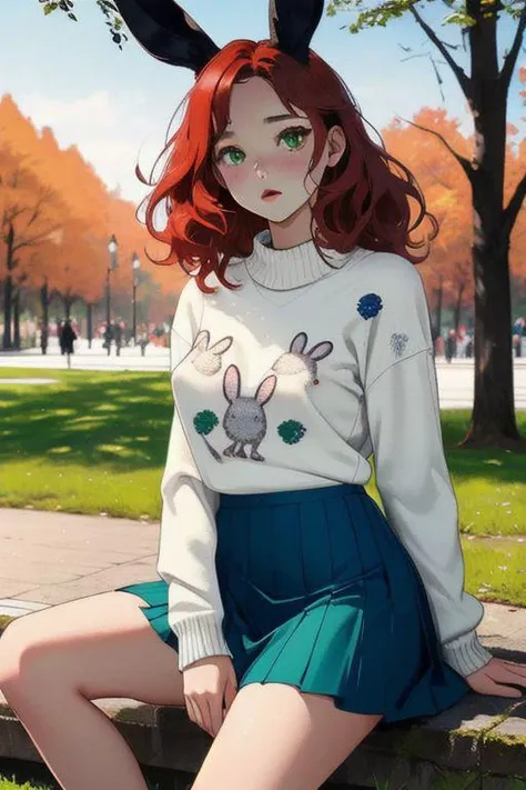 Girl, red hair, green eyes, short sweater, white sweater, super tight clothing, covered nipples, elegant dark skirt, gray and blue skirt, rabbit print, sitting in the park, negative_hand
