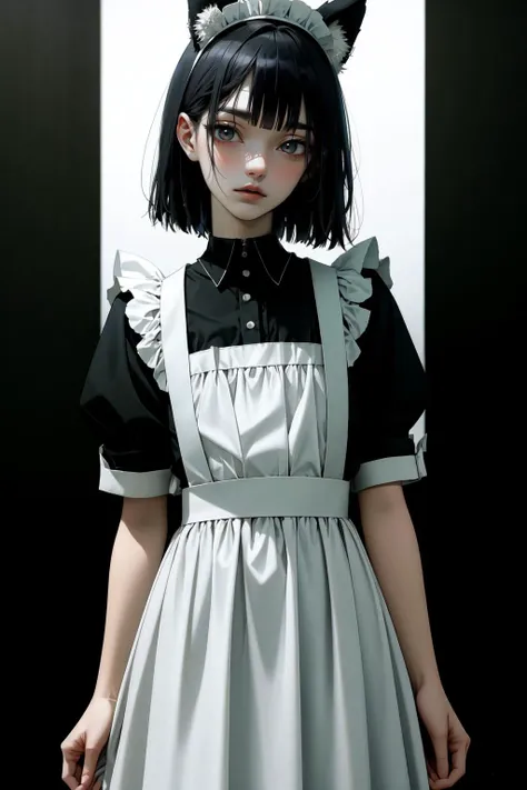 (1boy, otoko_no_ko:1.3), (solo:1.3), light_blue_eyes, glowing_eyes, (black_hair:1.3), (short_hair, straight_hair, blunt_bangs:1.3), red_lips, (thick_lips:1.3), pale_skin,
(standing:1.2), (narrow_waist:1.3), thick_thighs, wide_hips, flat_chest, BREAK
maid, maid_headdress, maid_apron, long_skirt, black wolf_ears, BREAK
(black_background, dark:1.3), BREAK
SLE, mksks style, best quality, masterpiece, detailed background, highly detailed, intricate, detailed face, long eyelashes, detailed eyes, <lora:GoodHands-vanilla:1> <lyco:NijiJourney-LyCoris-V6:1> <lora:★saturation:-0.5>