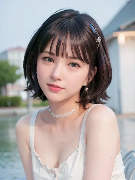 (8k, best quality, masterpiece:1.2), (realistic, photo-realistic:1.37), ultra-detailed, 1 girl, cute, solo, beautiful detailed sky, detailed cafe, night, sitting, dating, (nose blush), (smile:1.15), (closed mouth) medium breasts, beautiful detailed eyes, topless, night, wet, rain, white lace, (short hair:1.2), floating hair NovaFrogStyle, <lora:eunha_v10:0.77>