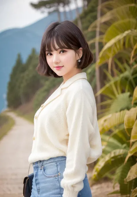<lora:eunha_v10:0.7>, eunha, short hair, hair bangs, (photorealistic:1.4), hyper realistic, masterpiece, best quality, ultra detailed, extremely detailed face, 1girl, smiling, looking at viewer, sweater, outdoors, full body, alluring, beautiful face, cute pose, 8k, highly detailed, hourglass figure, bracelet