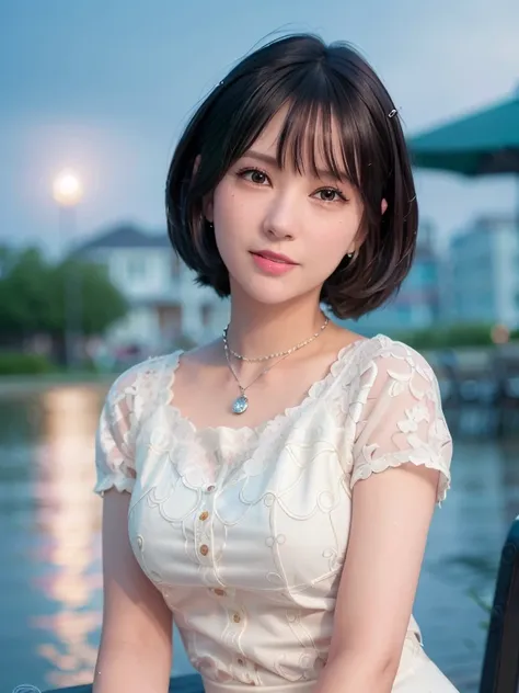 (8k, best quality, masterpiece:1.2), (realistic, photo-realistic:1.37), ultra-detailed, 1 girl, cute, solo, beautiful detailed sky, detailed cafe, night, sitting, dating, (nose blush), (smile:1.15), (closed mouth) medium breasts, beautiful detailed eyes, topless, night, wet, rain, white lace, (short hair:1.2), floating hair NovaFrogStyle, <lora:eunha_v10:0.77>