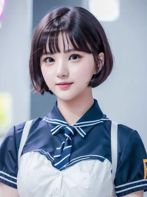 eunha in school uniform, butterfly necktie, short hair, hair bangs, half body, smiling
, hyper realistic lifelike texture dramatic lighting unrealengine trending on artstation,award winning photo,nikon RAW photo,8 k,Fujifilm XT3,masterpiece, best quality, realistic, photorealistic,ultra detailed,extremely detailed face,
<lora:eunha-sd1.5-25step-epoch525-v1-000004:0.7>