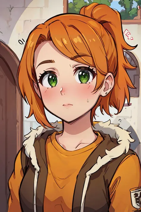 (masterpiece, best quality), 1girl, beautiful face, <lora:robin:1> robin, ponytail, orange hair, green eyes,