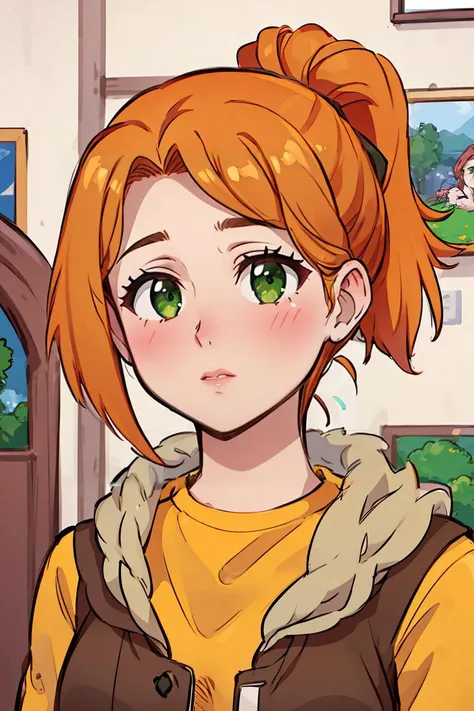 (masterpiece, best quality), 1girl, beautiful face,  <lora:robin:1> robin, ponytail, orange hair, green eyes,