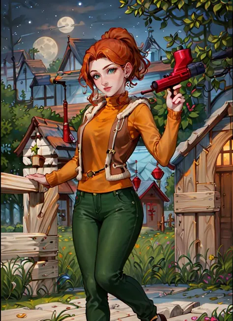 ((best quality)), ((highly detailed)), masterpiece, absurdres, (detailed eyes, deep eyes), (1girl), dynamic pose, full body, <lora:robin:1>, robin, orange hair, ponytail, green eyes, smiling, yellow sweater, vest, green pants, (at a village, evening, night sky, stars, full moon, shooting star)