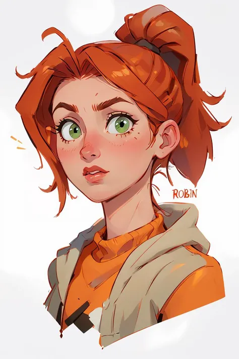 (masterpiece, best quality), 1girl, beautiful face, <lora:robin:1> robin, ponytail, orange hair, green eyes,