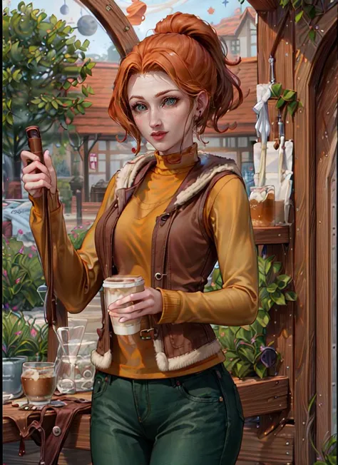 ((best quality)), ((highly detailed)), masterpiece, absurdres, extremely detailed face, beautiful face, (detailed eyes, deep eyes), (1girl), cowboy shot, <lora:hairdetailer:.9>, <lora:robin:1>, robin, orange hair, ponytail, green eyes, smiling, yellow sweater, vest, green pants, (in a cafe, coffee, night, night sky, stars, multiple moons, telescope)