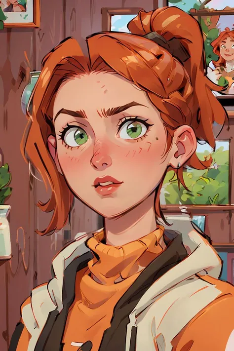 (masterpiece, best quality), 1girl, beautiful face, <lora:robin:1> robin, ponytail, orange hair, green eyes,