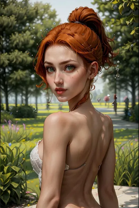a beautiful young woman with long red hair, (best quality,4k,8k,highres,masterpiece:1.2),ultra-detailed,(realistic,photorealistic,photo-realistic:1.37),flowers in her hands, posing topless, perfect hourglass figure, flawless skin, detailed facial features, seductive expression, lush garden background, warm lighting, soft colors