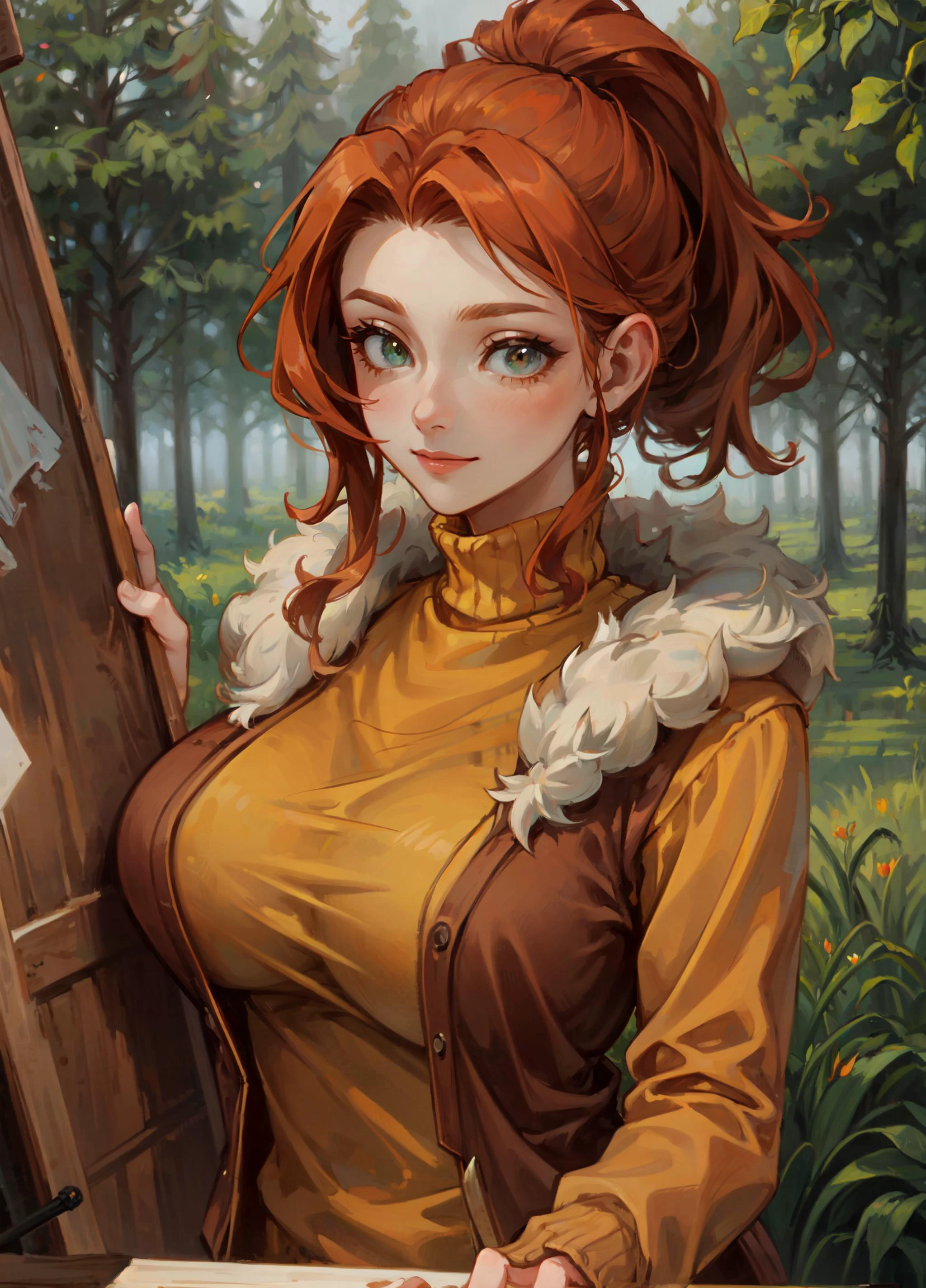 (masterpiece, best quality, ultra detailed, beautiful illustration), (oil painting:1.4), atmospheric perspective, (forest atmosphere, elaborate atmosphere:1.4), depth of field, looking at viewer, beautiful detailed eyes, <lora:Stardew Valley - robin-10:0.7>, 1girl, (portrait, close-up:1.2), mature woman, (huge breasts:1.2), warm smile, robin, ponytail, orange hair, green eyes, yellow sweater, vest, fur trim, green pants, outdoors, woods,