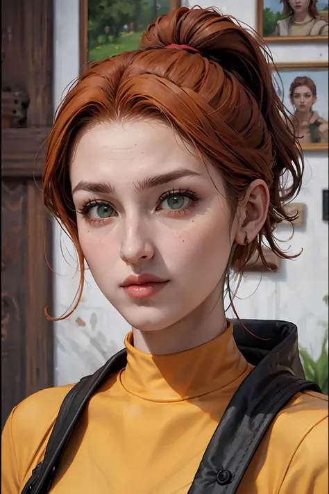 (masterpiece), best quality, expressive eyes, perfect face, ginger hair, (parted bangs) , forehead, (low ponytail), ((blank background)), symmetry, medium body, mature face, (30 years old), (massive breast), green coat, (full head framing), 1girl, solo, white shirt, defined jawline, female muscular:1