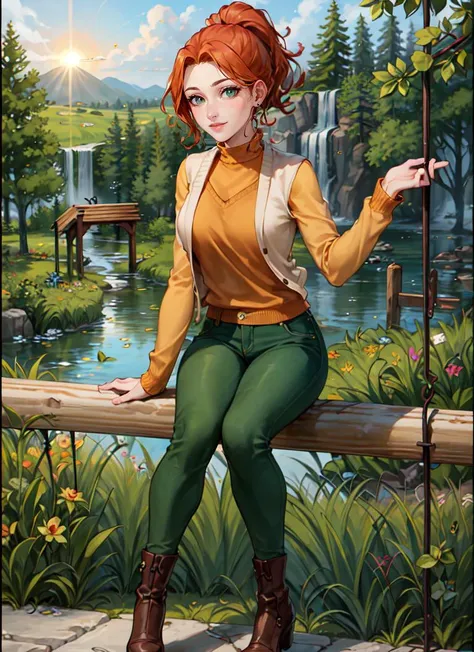 ((best quality)), ((highly detailed)), masterpiece, absurdres, detailed face, beautiful face, (detailed eyes, deep eyes), (1girl), full body, <lora:robin:.7>, robin, orange hair, ponytail, green eyes, smiling, yellow sweater, vest, green pants, (at a waterfall, sun up)