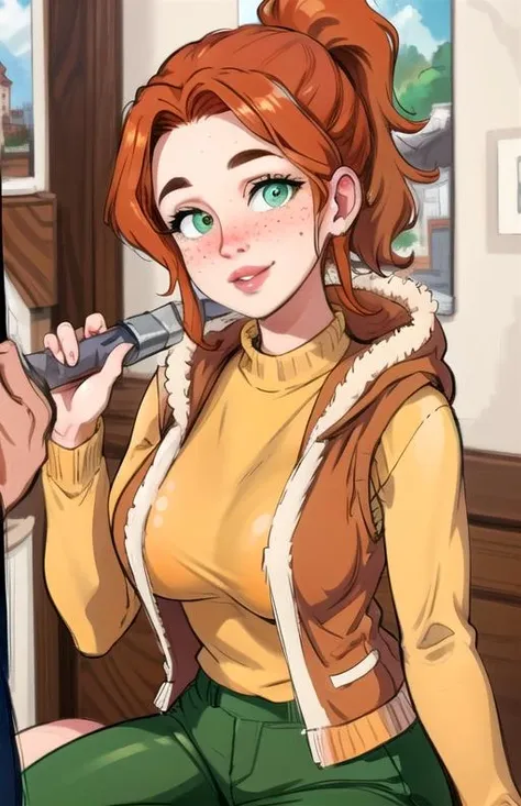 best quality, (masterpiece),(ultra-detailed), (high quality), (high resolution),     <lora:robin-10:0.7>,1girl, blush, fence, freckles, fur trim, green eyes, hood, large breasts, lips, long hair, looking at viewer, multiple views, orange hair, photo (object), ponytail, portrait, red hair, robin, sitting, sketch, smile, soles, solo focus, vest, weapon, yellow sweater, green pants,