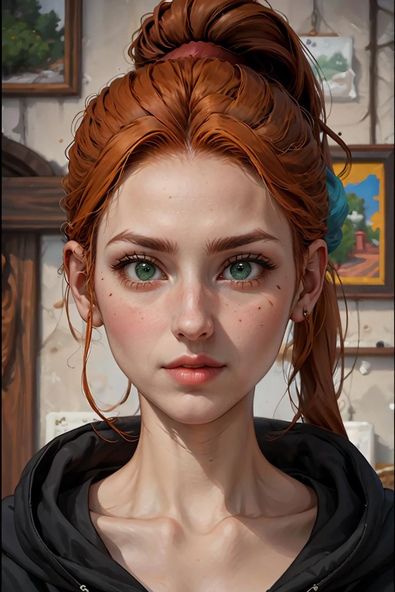 (masterpiece, best quality), 1girl, beautiful face, <lora:robin:1> robin, ponytail, orange hair, green eyes,