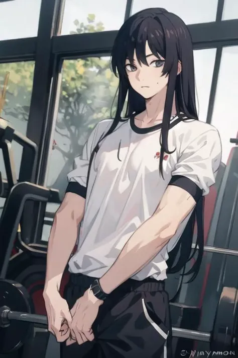 masterpiece, best quality, high quality, 1boy, solo, male focus, looking at viewer, upper body, <lora:touma_yamada_asaemon:0.64>, touma_yamada_asaemon, black hair, long hair, black eyes, , gym uniform