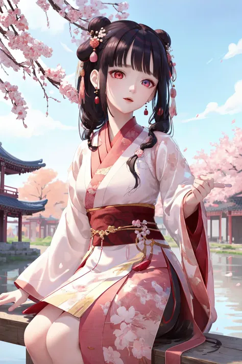 <lora:xiaojiu_20230709095058:0.6>,1girl,xiaojiu,pink hanfu,black hair,heterochromia,jewelry,peach blossom tree background,riverside,later,