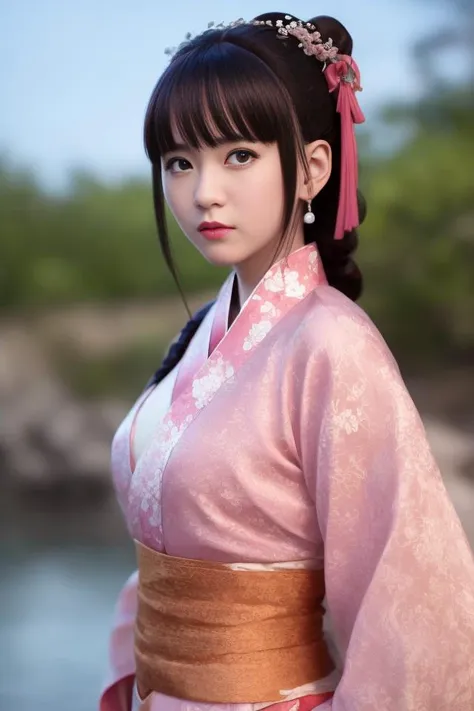 masterpiece, best quality, anime, highly detailed face, highly detailed eyes, highly detailed background, perfect lighting,
solo,blush,
upper body,realistic,
1girl,xiaojiu,black hair,pink hanfu,braid, jewelry,medium breasts,
standing ,looking at viewer,
simple background,
 <lora:xiaojiu_20230709095058:0.7>