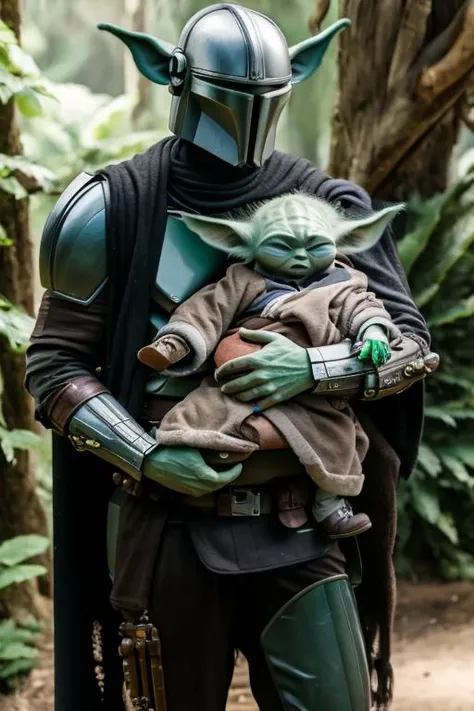 <lora:mandalorian:1>, mandalorean holding baby yoda