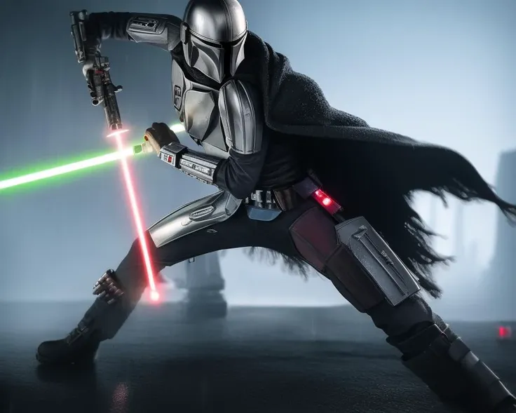 <lora:mandalorian:1>, solo,holding lightsaber, {best quality}, {{masterpiece}}, {highres}, original, extremely detailed 8K wallpaper, {an extremely delicate and beautiful},star wars, death star, rainy night in a cyberpunk city with glowing neon lights, cape,
