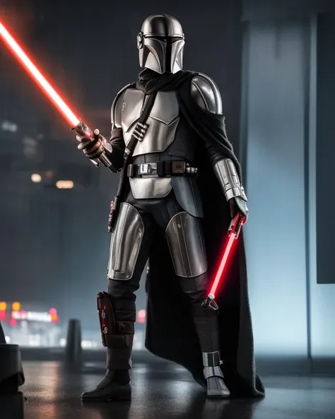 <lora:mandalorian:1>, solo,holding lightsaber, {best quality}, {{masterpiece}}, {highres}, original, extremely detailed 8K wallpaper, {an extremely delicate and beautiful},star wars, death star, rainy night in a cyberpunk city with glowing neon lights, cape,