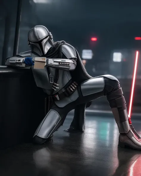 <lora:mandalorian:1>,  solo,lasgun, {best quality}, {{masterpiece}}, {highres}, original, extremely detailed 8K wallpaper, {an extremely delicate and beautiful},star wars, death star, rainy night in a cyberpunk city with glowing neon lights, firing, dual drum magazine, cape,